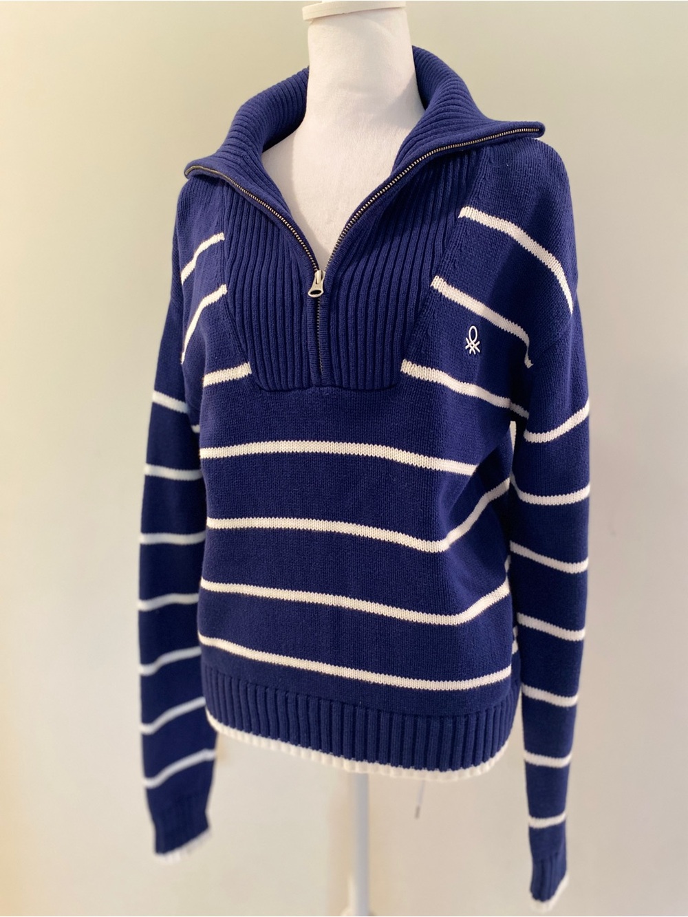 United Colors Of Benetton Navy & White Striped Half-Zip Turtleneck Sweater
